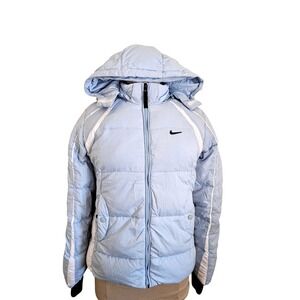 Nike Women's Light Blue Puffer Jacket Hooded Athletic Sportswear Size M